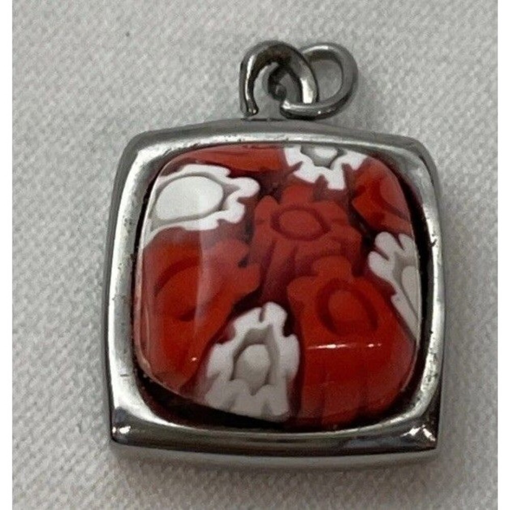 Karis Millefiori Style Art Glass Floral Square Pendent Silver Toned